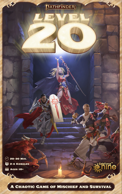 Pathfinder: Level 20 board game cover featuring a group of fantasy heroes fighting a horde of red kobolds on a stairway within a stone archway. A Game of Mischief and Survival, by Gale Force 9. 20-30 mins. 2-6 kobolds. Ages 10+.