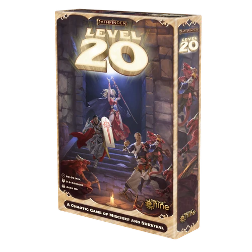 Side view of the Pathfinder: Level 20 board game cover featuring a group of fantasy heroes fighting a horde of red kobolds on a stairway within a stone archway. A Game of Mischief and Survival, by Gale Force 9. 20-30 mins. 2-6 kobolds. Ages 10+.