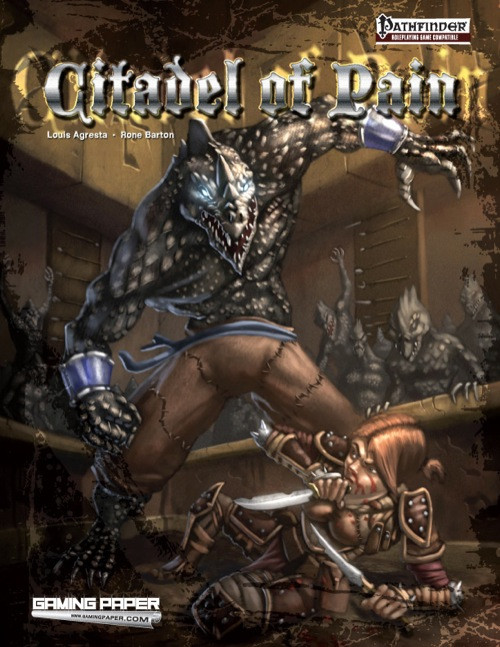 Gaming Paper Adventures: Citadel of Pain PDF, a Pathfinder RPG supplement, features dark fantasy artwork with a medieval theme, showcasing a werewolf-like creature attacking a warrior in a fantasy world landscape, 8.5 x 11 inches.