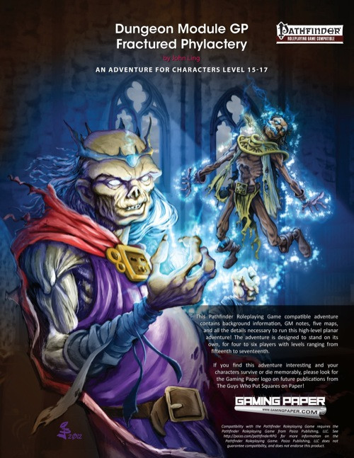 Pathfinder adventure module Fractured Phylactery PDF features a level 15-17 campaign with a skeleton wizard and ghostly figure in a mystical scene, designed by Gaming Paper and bearing the official Pathfinder logo.