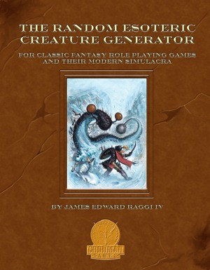 Random Esoteric Creature Generator PDF cover, 8.5 x 11 inches, a fantasy book by James Edward Raggi IV, with a brown background and gold text, perfect for classic fantasy role-playing games, classic fantasy RPGs, and tabletop adventures.