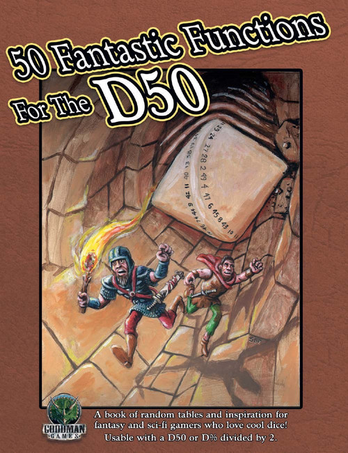 Fifty Fantastic Functions for the D50 PDF cover, featuring a stone background with Goodman Games logo, highlighting a 50-sided die, two gamers, and a fantasy setting, with a 8.5 x 11 inch format.