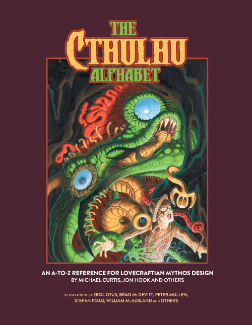 A tabletop RPG supplement, The Cthulhu Alphabet PDF, featuring abecedarian random tables with monstrous elements and a dark atmosphere, suitable for Game Masters crafting Cthulhu Mythos and fantasy-horror worlds.
