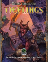 Hero's Handbook Tiefling PDF cover featuring a red horned character with a sword, set against a fiery background with a shield and castle walls, in fantasy artwork style for Dungeons & Dragons character guide.