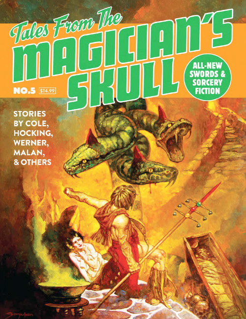 Tales From the Magician's Skull #5 PDF magazine cover featuring fantasy and sword and sorcery elements, with electrifying art and thrilling adventures, a digital fantasy magazine by Josh Reynolds and others, 8.5 x 11 inches, in PDF format.