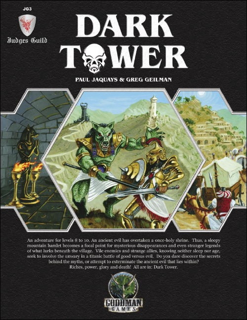 Judges Guild: Dark Tower PDF, a medieval-style illustration of a green humanoid creature battling a knight, with castle and mountains, for character levels 8-10 adventure. Classic Judges' Guild fantasy game, suitable for mature audiences.