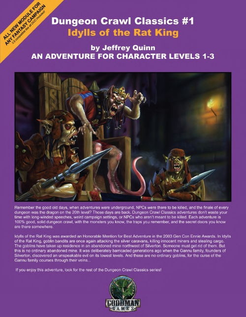 Dungeon Crawl Classics #1: Idylls of the Rat King (v3.5) PDF, featuring rat king creatures with swords in a dark dungeon setting, 3.5 edition adventure for character levels 1-3, Goodman Games logo on a purple background.