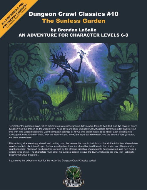 Dungeon Crawl Classic PDF featuring The Sunless Garden, a dark fantasy trading post setting with Gothic trees, transformed characters and evil Nockmort treant amidst eerie, black tree landscapes and mysterious ambiance for character levels 6-8.