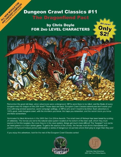 Dungeon Crawl Classics #11 PDF, featuring a 2nd-level fantasy adventure for 2 players, by Chris Doyle, Goodman Games, published, gold coins, red dragon and fantasy game content in a digital format.