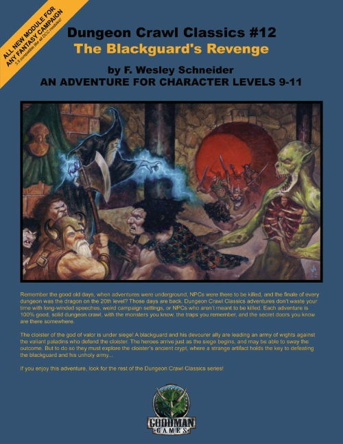 Dungeon Crawl Classics #12: The Blackguard's Revenge PDF art, featuring a medieval fantasy illustration of heroes battling undead creatures, by F. Wesley Schneider, for character levels 9-11, from Cubicle 7 Games.