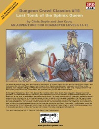 Dungeon Crawl Classics #15: Lost Tomb of the Sphinx Queen PDF cover features fighters battling sphinxes with golden tones, blue skies. Adventure for character levels 14–15, published by Goodman Games.