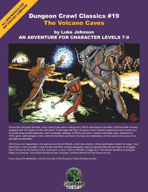 Dungeon Crawl Classics #19: The Volcano Caves PDF, a fantasy adventure for character levels 7-9, featuring dark artwork with two warriors, a creature, and a volcano against a cave entrance background in muted tones.