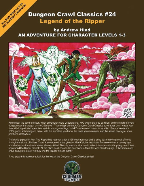 Dungeon Crawl Classics #24: Legend of the Ripper PDF adventure game cover, featuring a ghostly woman, a character with a sword, and a green monster, with brown and white/yellow text at character levels 1-3.