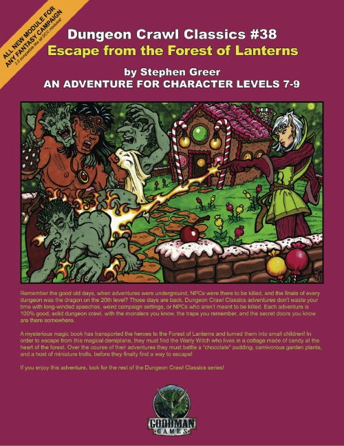 Dungeon Crawl Classics #38: Escape from the Forest of Lanterns download, a fantasy adventure for character levels 7-9, featuring a colorful magical forest illustration with candy cottage, miniature trolls, and fantasy creatures, 40 pages, written by Stephen Greer.