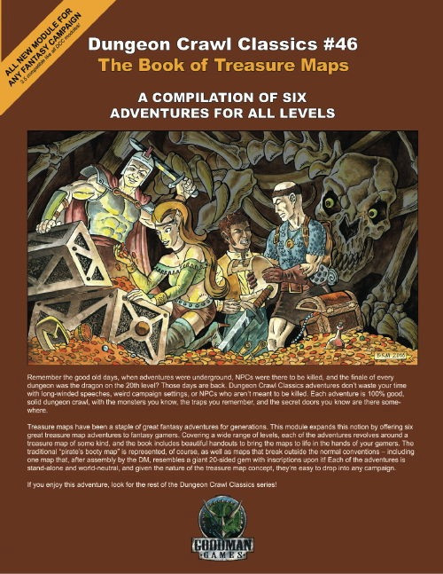 Dungeon Crawl Classics #46 Book of Treasure Maps PDF, a digital publication by Goodman Games, featuring colorful illustrations and beautiful handouts for six all-level adventures on various treasure maps.
