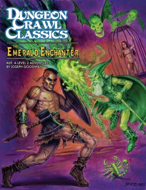 Dungeon Crawl Classics #69: The Emerald Enchanter PDF cover, featuring a muscular figure with sword and shield against a citadel with green creatures on a purple and orange background.