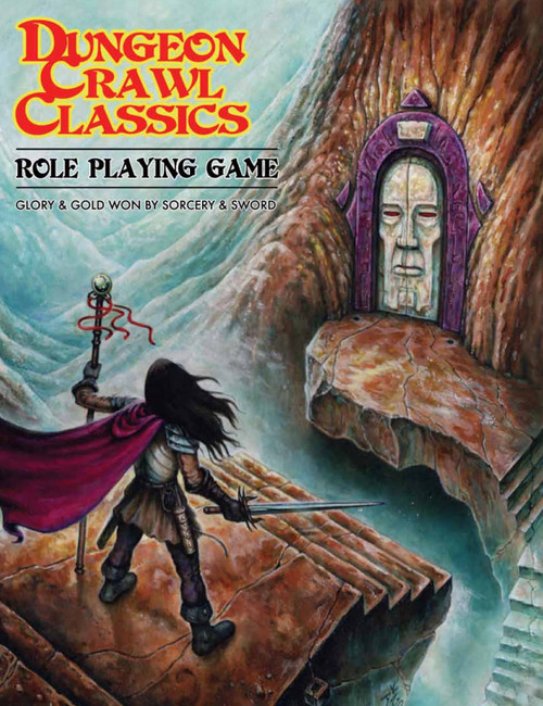Dungeon Crawl Classics Roleplaying Game PDF cover featuring a warrior with sword and torch, standing before a mysterious stone face with tagline Glory & Gold Won by Sorcery & Sword, a fantasy RPG game.