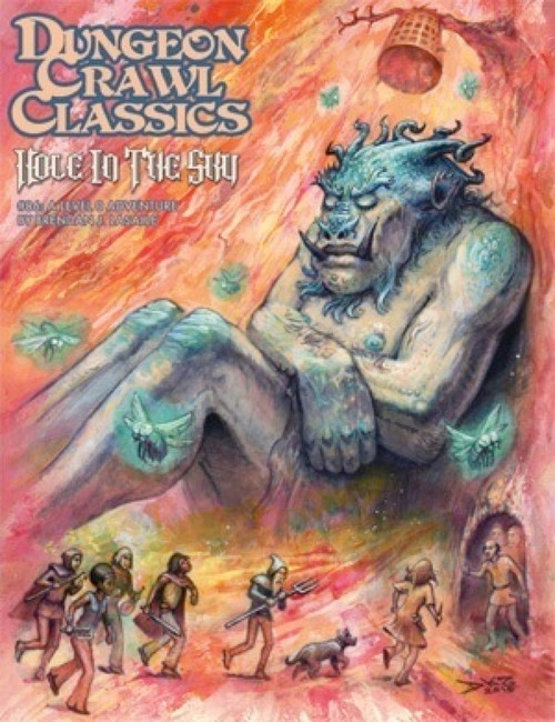 Dungeon Crawl Classics #87: Hole In The Sky PDF, a Level 0 DCC RPG adventure featuring The Lady in Blue, a cosmic encounter with a mysterious figure, vivid orange and pink hues, and blue creature details in a 16-page illustrated booklet.