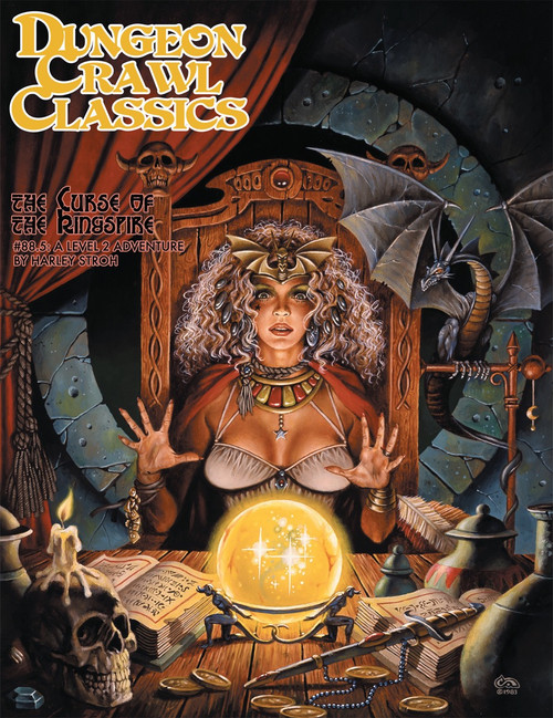 Dungeon Crawl Classics #88.5: Curse of the Kingspire PDF, a Level 2 adventure game with a gold and brown cover featuring a woman with a crystal ball surrounded by mystical objects in a fantasy setting.