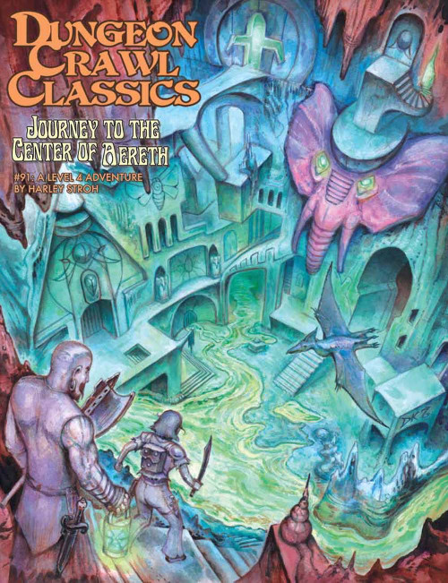 Dungeon Crawl Classics #91 PDF, 8.5 x 11 inches, full-color illustration featuring a fantasy world with vibrant castle, characters, and creatures, including a pink tentacled being, showcasing adventure and magic.