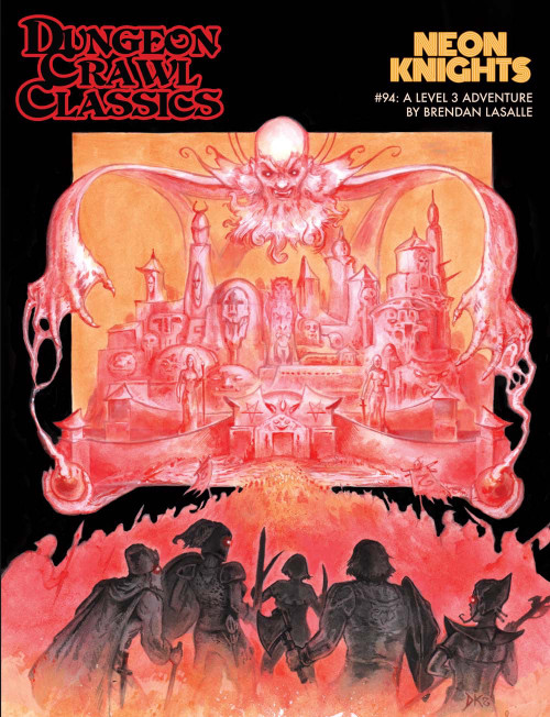 Dungeon Crawl Classics #94: Neon Knights PDF, featuring a neon pink glow around silhouetted heroes, set against a black cityscape background with a glowing creature, written by Brendan LaSalle and illustrated by Doug Kovacs and other artists.