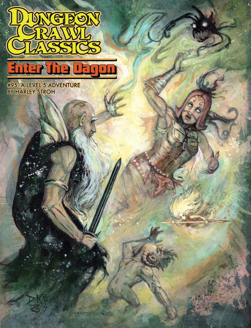 Dungeon Crawl Classics #95: Enter the Dagon PDF cover art features medieval characters, sword, and magical creatures in a mystical setting, with a fantasy adventure theme and bold title font on high-quality paper.