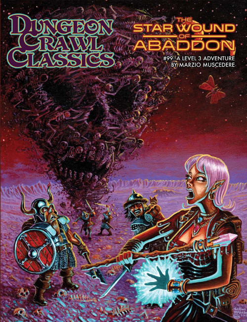 Dungeon Crawl Classics #99: The Star Wound of Abaddon PDF, a 24-page adventure featuring a cosmic landscape with warriors and a dark creature amidst a purple and red setting, a woman with pink hair in armor holding a glowing axe.