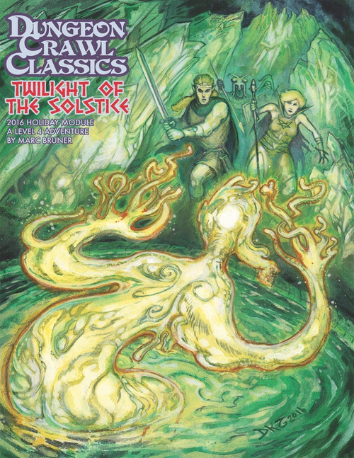 Dungeon Crawl Classics Twilight of the Solstice PDF cover featuring a mystical setting, glowing creature and adventurers, a level 4 DCC RPG adventure, with a 24-page PDF size, by Goodman Games.