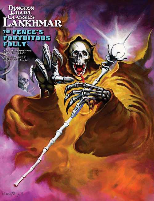 Dungeon Crawl Classics Lankhmar #2 PDF game, featuring skeletal hands in a yellow hood with a purple, orange, pink background, officially licensed from Fritz Leiber's estate, suitable for fans of classic fantasy and tabletop role-playing games.