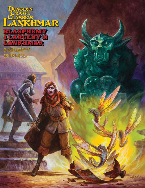 Dungeon Crawl Classics Lankhmar #5: Blasphemy and Larceny in Lankhmar fantasy RPG PDF cover features a man in brown fleeing a green monster, with flames, birds, and a fantasy village background, for a gang heist adventure.