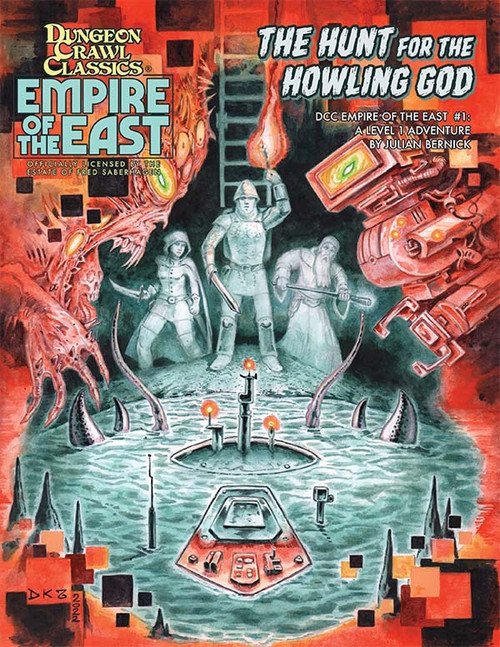 Dungeon Crawl Classics Empire of the East #1 PDF cover, featuring medieval warriors and creatures on a red background, with bold text and graphic elements, a level 1 DCC adventure set in ancient East Asia fantasy.