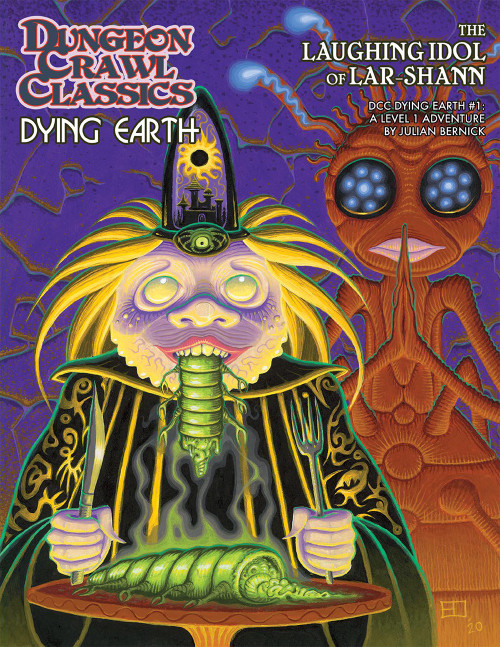 Dungeon Crawl Classics Dying Earth #1 PDF, featuring colorful fantasy cover art by Erol Otus, Goodman Games product, with purple background, includes bold text, showcasing DCC RPG adventure and inspired by Jack Vance's Dying Earth book series.