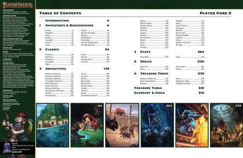 Pathfinder Second Edition Player Core 2 sample table of contents, with representative images of fantastical places, creatures, heroes, and events described within.