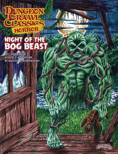 Dungeon Crawl Classics Horror #8: Night Of The Bog Beast PDF. Green creature with snakes, standing on a wooden porch with a dog, set against a swampy background, a DCC Horror adventure.
