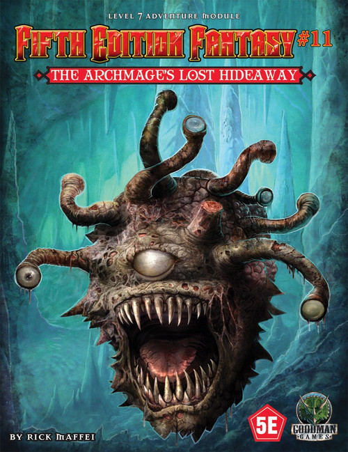 Fifth Edition Fantasy #11 The Archmage's Lost Hideaway PDF cover, a level 7 adventure for 5E, featuring a dark fantasy background with a monstrous tentacled creature against a ruined tower and fantasy RPG elements.