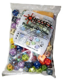 Chessex Pound-O-Dice assorted polyhedral dice in assorted colors and sizes, packaged in a clear plastic bag. Polyhedral shapes include numbered and colored dice, perfect for board games and role-playing games.