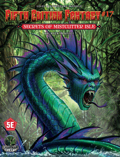 Cover art for the Fifth Edition Fantasy #17: The Secrets of Mistcutter Isle PDF, featuring a green sea serpent, lush greenery, Goodman Games logo, and 5E symbol in a PDF format.
