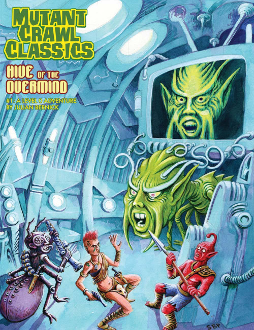 Mutant Crawl Classics #01: Hive of the Overmind PDF cover art depicts a sci-fi scene with insectoid creatures, green Overmind, and cyberpunk elements in a 5e-style fantasy setting, created by Stefan Poag in a digital format, 8.5x11 inches.