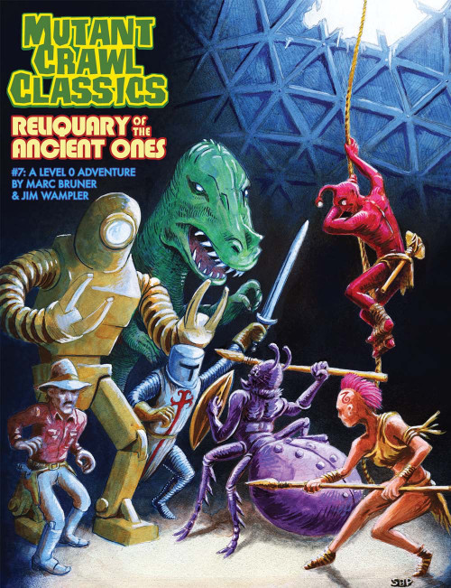 Mutant Crawl Classics #07: Reliquary of the Ancient Ones PDF book cover art features a green dinosaur, purple spider, and humanoid figures in combat, in a jungle setting, with a robot and adventurers, for tabletop RPG and fantasy gaming.