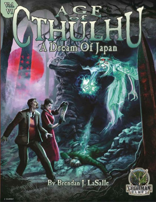 Age of Cthulhu 6: A Dream of Japan PDF cover, featuring 1920s couple amidst a glowing forest scene, Chaosium Games brand, no specific size or color indication, horror and mystery elements are depicted.