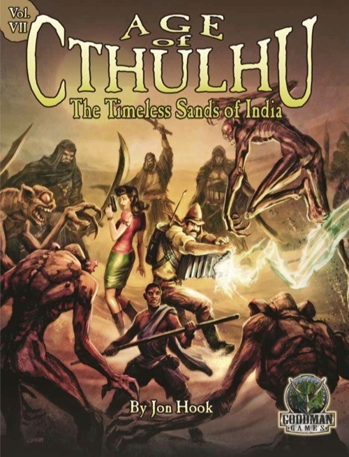 Age of Cthulhu 7: Timeless Sands of India PDF, featuring a thrilling battle scene set amidst Indian landscapes, Companion Games logo, and investigators battling creatures in the desolate sandstorm-ridden Great Thar Desert.