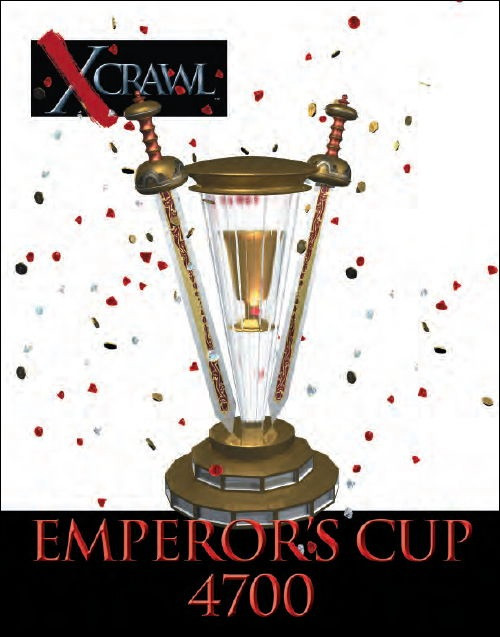 Xcrawl Emperor's Cup 4700 trophy is a  gold and clear glass award with sword handles, featuring the Xcrawl logo, on a white background with confetti. A prestigious achievement symbol in the world of extreme sports Xcrawl.