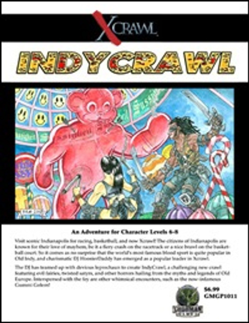 Xcrawl: IndyCrawl PDF game cover art, featuring a pink elephant and fantasy characters in a vibrant setting, representing a modern-day death sport adventure game for character levels 6-8 with bold title text and colorful graphics.