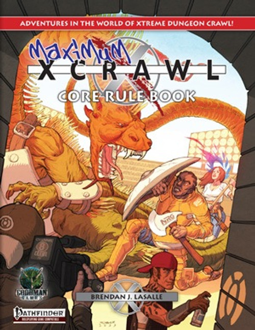 Maximum Xcrawl PDF cover art: Pathfinder Roleplaying Game update featuring a muscular athlete battling a lizard-like creature in a dungeon setting, with logos for Pathfinder and Paizo, highlighting the game's competitive and action-packed theme.