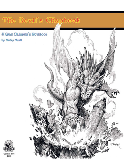The Devil's Chapbook PDF cover features a black and white illustration of a winged creature emerging from a stone portal, with orange and blue title text on a brown banner, by Harley Stroh, Goodman Games.