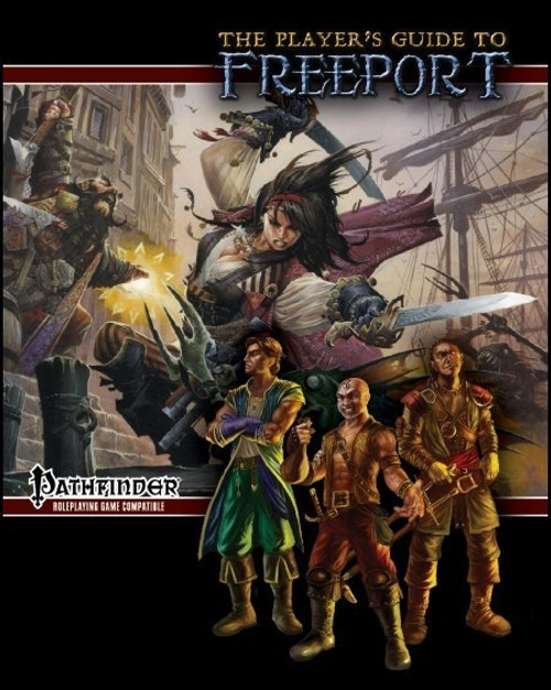 Pathfinder Player's Guide to Freeport PDF cover, 1-page, digital document, includes Pathfinder logo, featuring four character illustrations with swords and guns on a pirate ship backdrop, in full color.