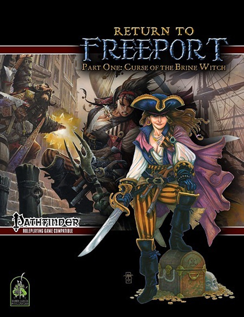 Pathfinder Return to Freeport Part One Curse of the Brine Witch PDF featuring a female pirate with sword, gun, purple cape and gold accents on a dark background.
