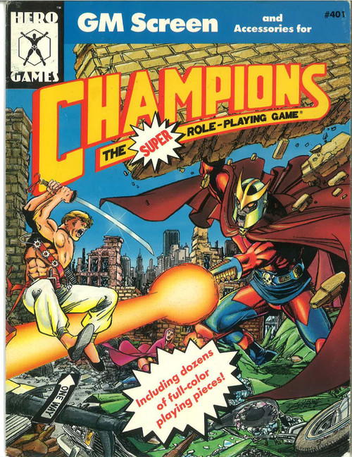 Champions GM Screen, a 34" x 11" vibrant color screen for the Champions 4th Edition super RPG, featuring a 22" x 11" hex grid, play aids, and a colorful cover illustration of superheroes in action, published by Hero Games.