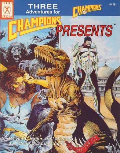 Champions Presents #1 4th edition PDF cover featuring a superhero, woman, and dinosaur in action-packed scene with cityscape background, published by Hero Games for the Champions role-playing game.