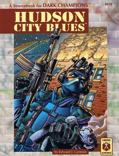 Dark Champions campaign adventure cover, featuring blue-clad hero, large gun, in cityscape with explosion, from Hero Games, 4th edition PDF of Hudson City Blues adventure and game system.